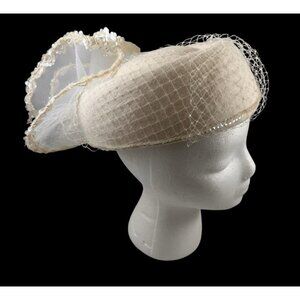 Vintage Bridal Pillbox Hat White Wool 1960’s Tulle Bow W/Sequins